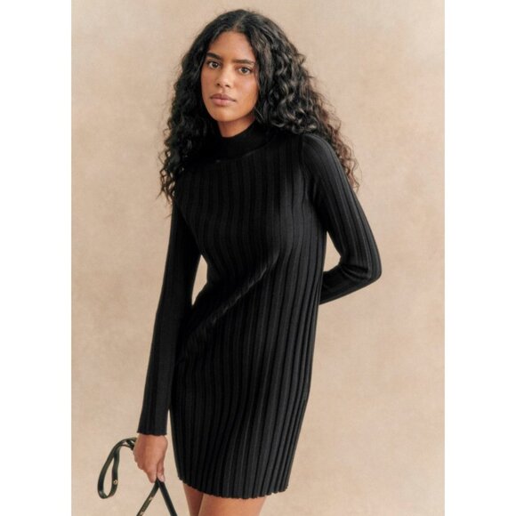 EUC Sézane Gabriella 100% Merino Wool Ribbed Sweater Dress Black Medium $195 - Picture 1 of 7